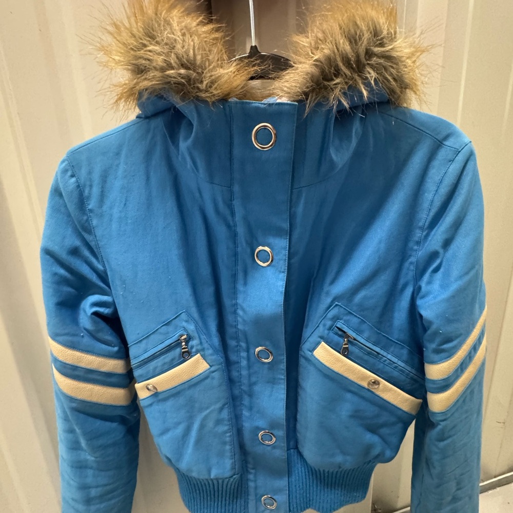 Stylish Blue BCBG girls Jacket with Faux Fur Hood